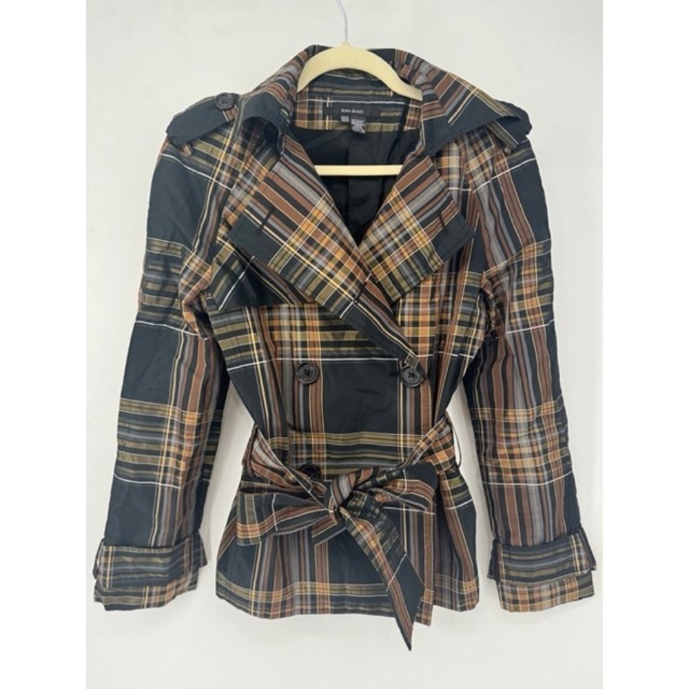 Zara Basic Women Brown Plaid Short Belted Trench Coat MEDIUM Preppy Light Layer